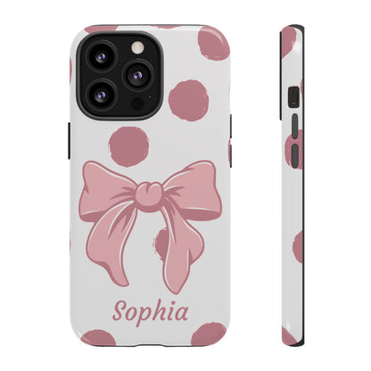 Personalized Pink Polka Dot Bow Phone Case – Custom Name Coquette Aesthetic