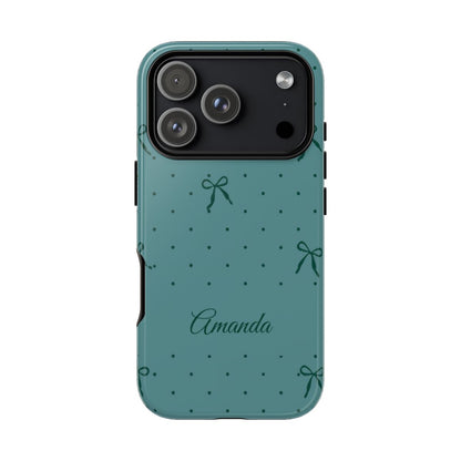 Personalized Teal Bow Phone Case – Custom Name Coquette Polka Dot Aesthetic