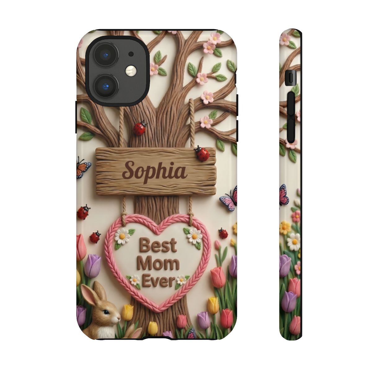 Whimsical 3D clay garden meadow art phone case with custom name feature and "Best Mom Ever" design.