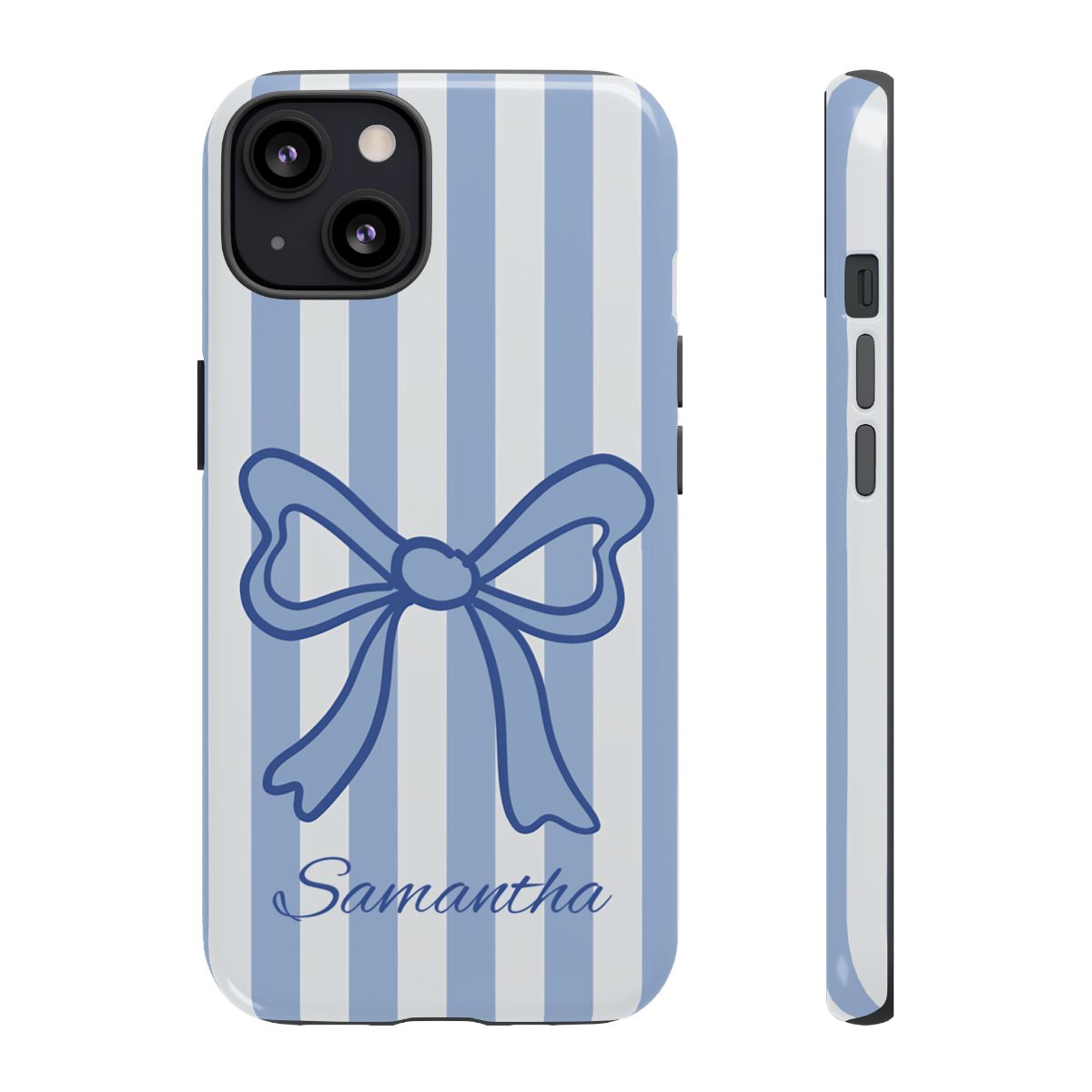 Personalized Coquette Bow Phone Case – Blue Striped Preppy Ribbon Aesthetic