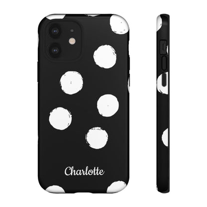Personalized Black Polka Dot Phone Case – Custom Name Bold Monochrome Aesthetic