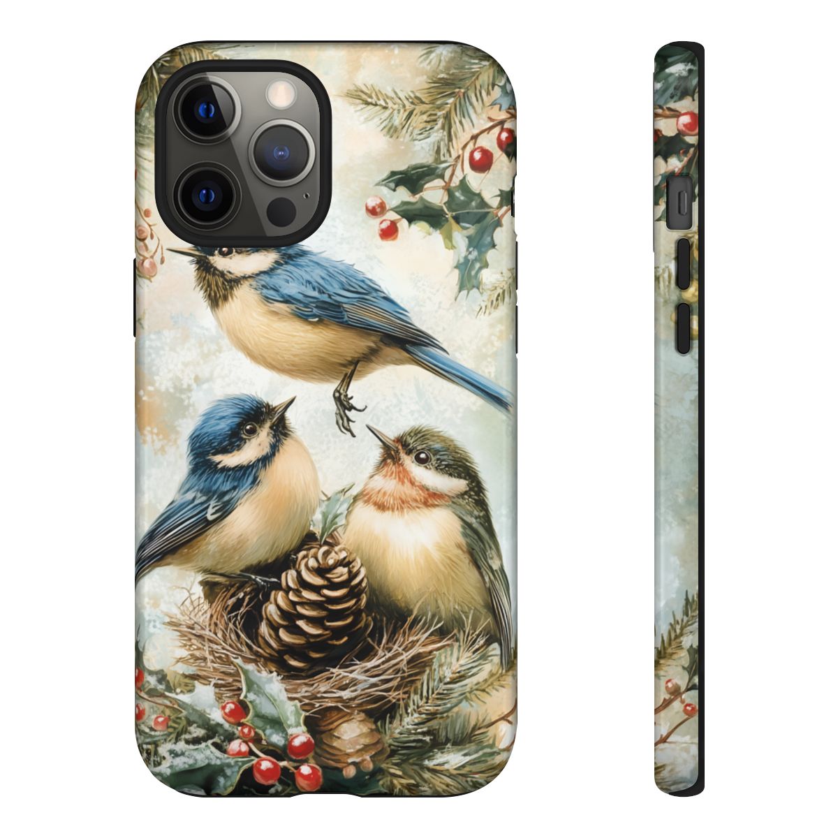 Winter woodland phone cover with birds in a nest surrounded by holly berries and pine needles.