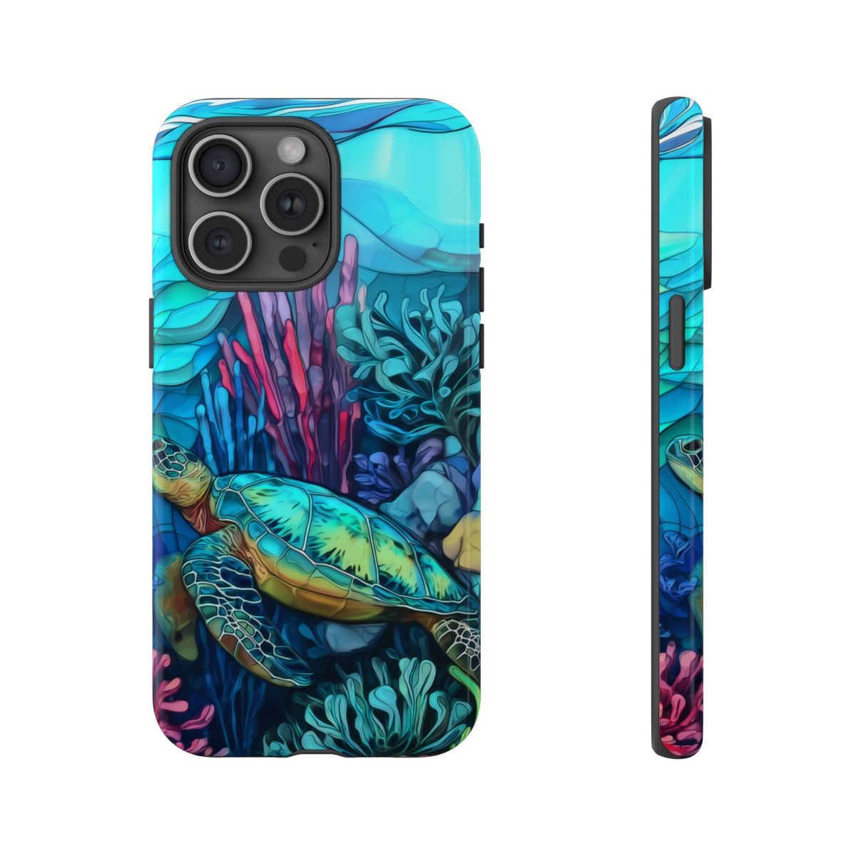 Coastal aesthetic phone case with a mosaic sea turtle design and bright tropical colors.