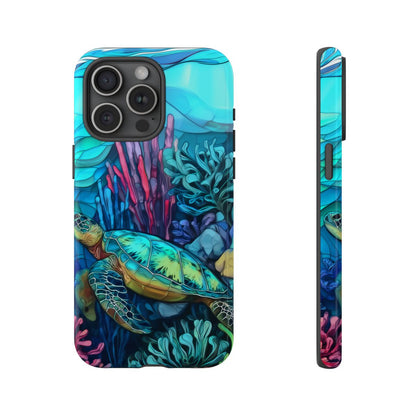 Coastal aesthetic phone case with a mosaic sea turtle design and bright tropical colors.