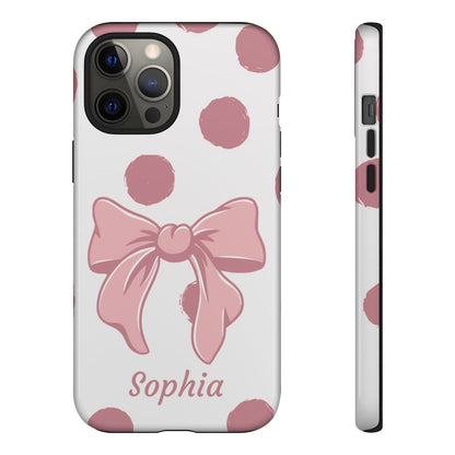 Personalized Pink Polka Dot Bow Phone Case – Custom Name Coquette Aesthetic