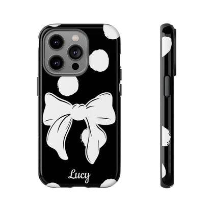 Personalized Black Polka Dot Bow Phone Case – Custom Name Coquette Retro Aesthetic