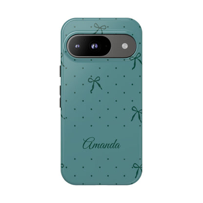 Personalized Teal Bow Phone Case – Custom Name Coquette Polka Dot Aesthetic