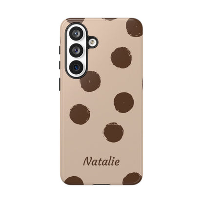 Personalized Brown Polka Dot Phone Case – Custom Name Neutral Boho Aesthetic