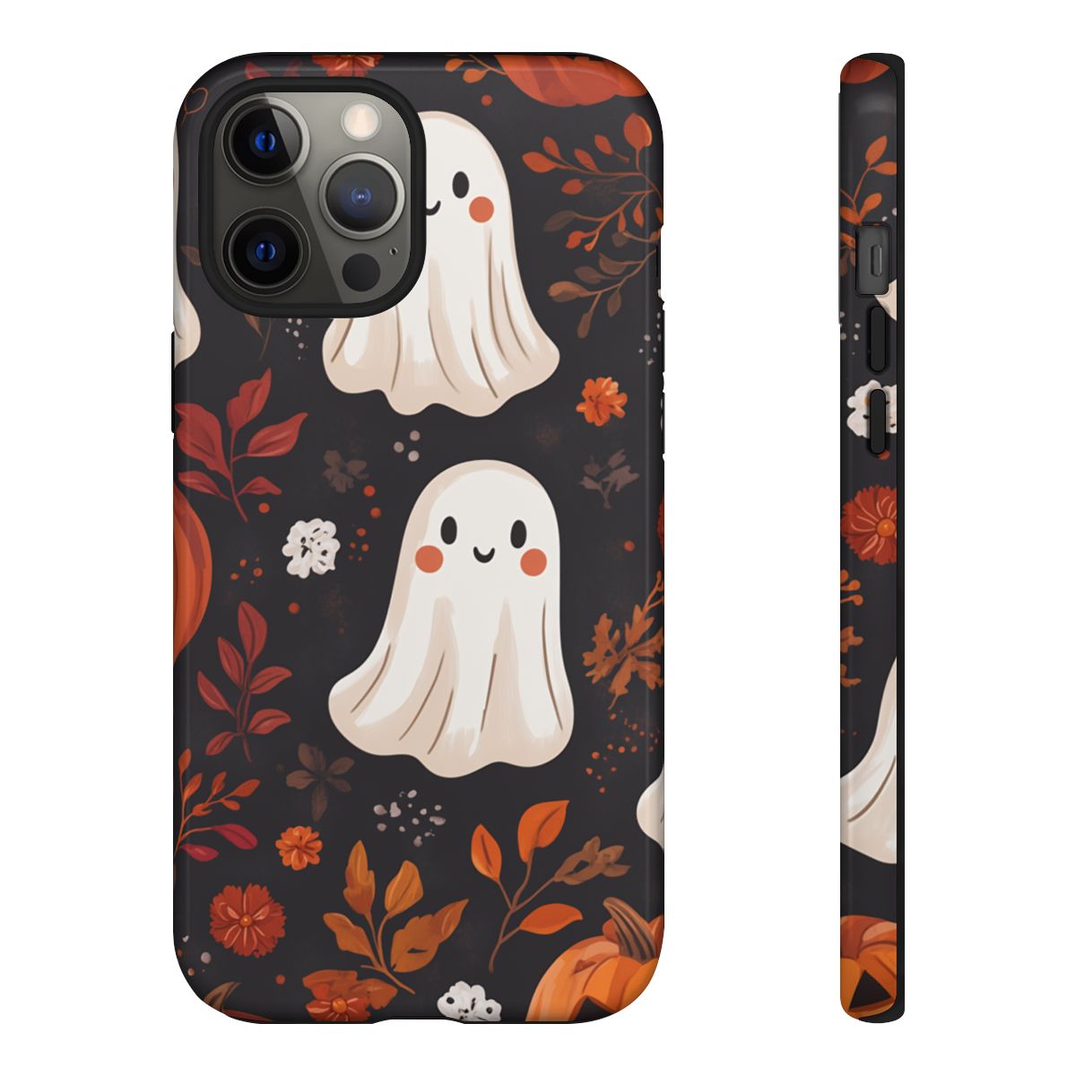 Autumn-themed phone cover featuring a whimsical ghost surrounded by orange and red fall leaves.