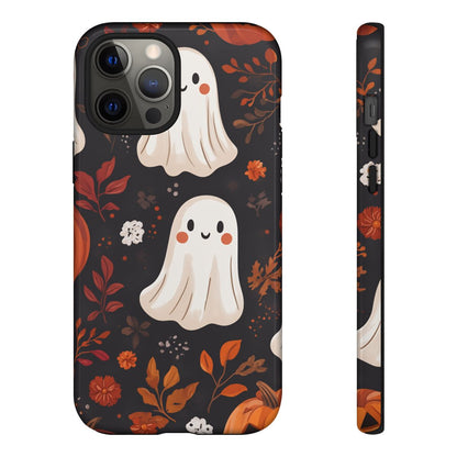 Autumn-themed phone cover featuring a whimsical ghost surrounded by orange and red fall leaves.