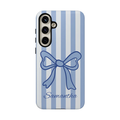 Personalized Coquette Bow Phone Case – Blue Striped Preppy Ribbon Aesthetic