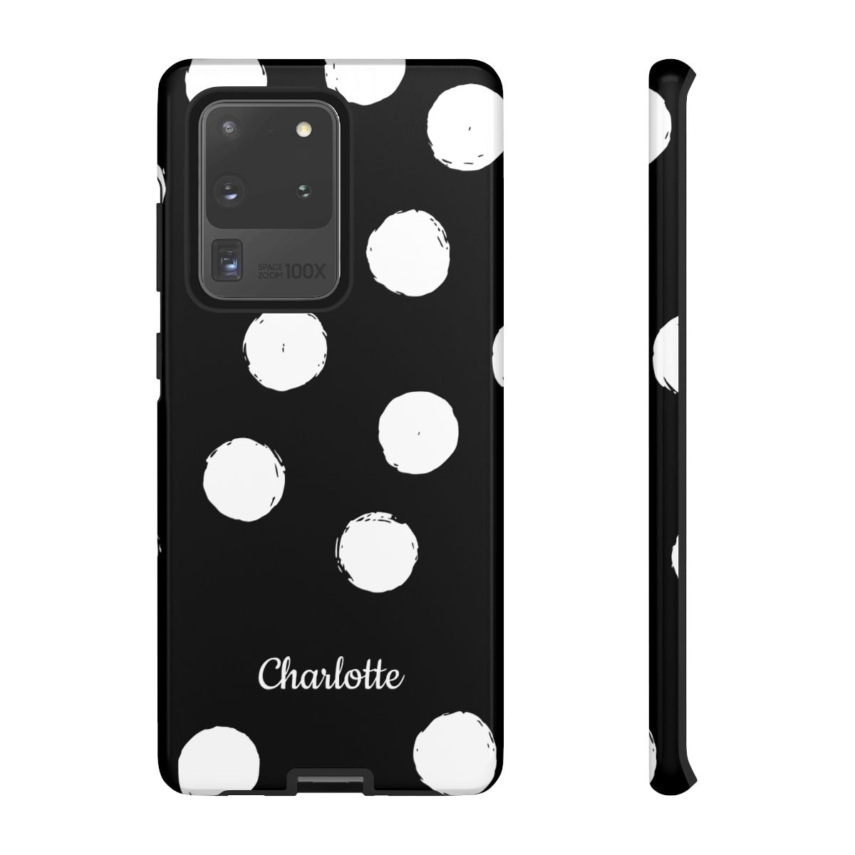 Personalized Black Polka Dot Phone Case – Custom Name Bold Monochrome Aesthetic