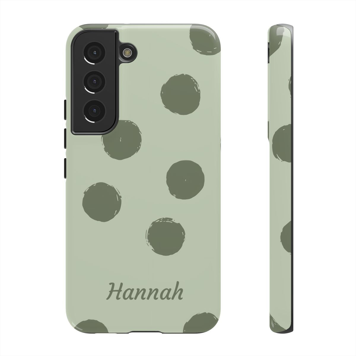 Personalized Sage Green Polka Dot Phone Case – Custom Name Matcha Aesthetic