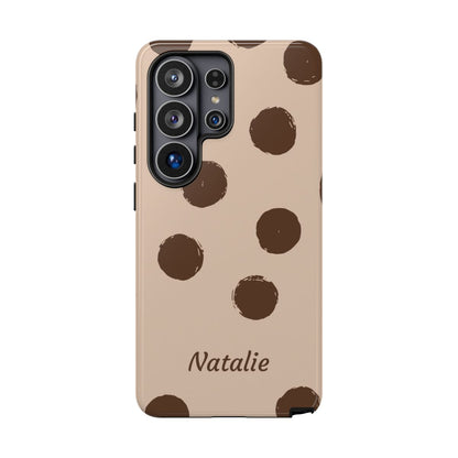 Personalized Brown Polka Dot Phone Case – Custom Name Neutral Boho Aesthetic