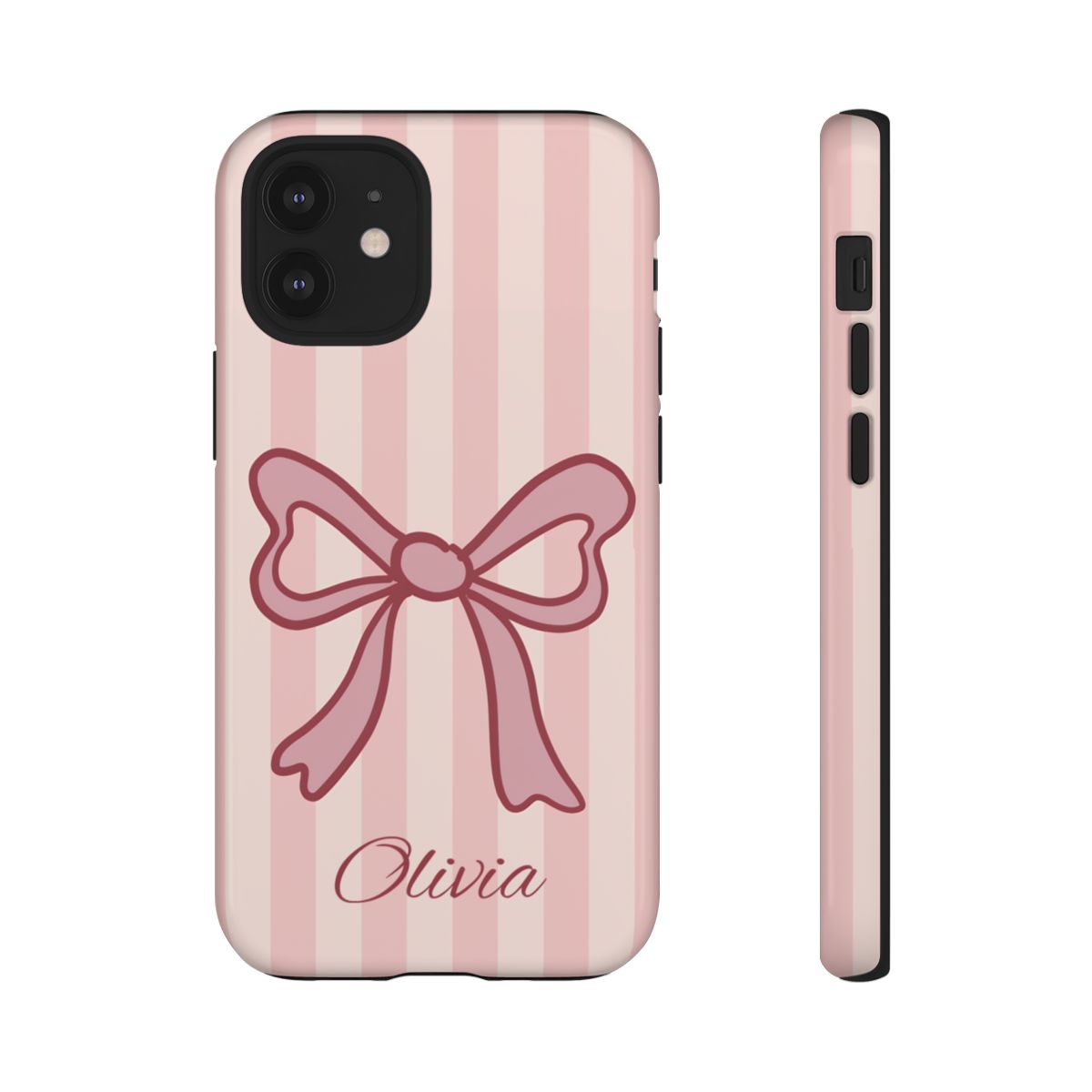 Personalized Pink Bow Phone Case – Soft Pastel Striped Coquette Aesthetic