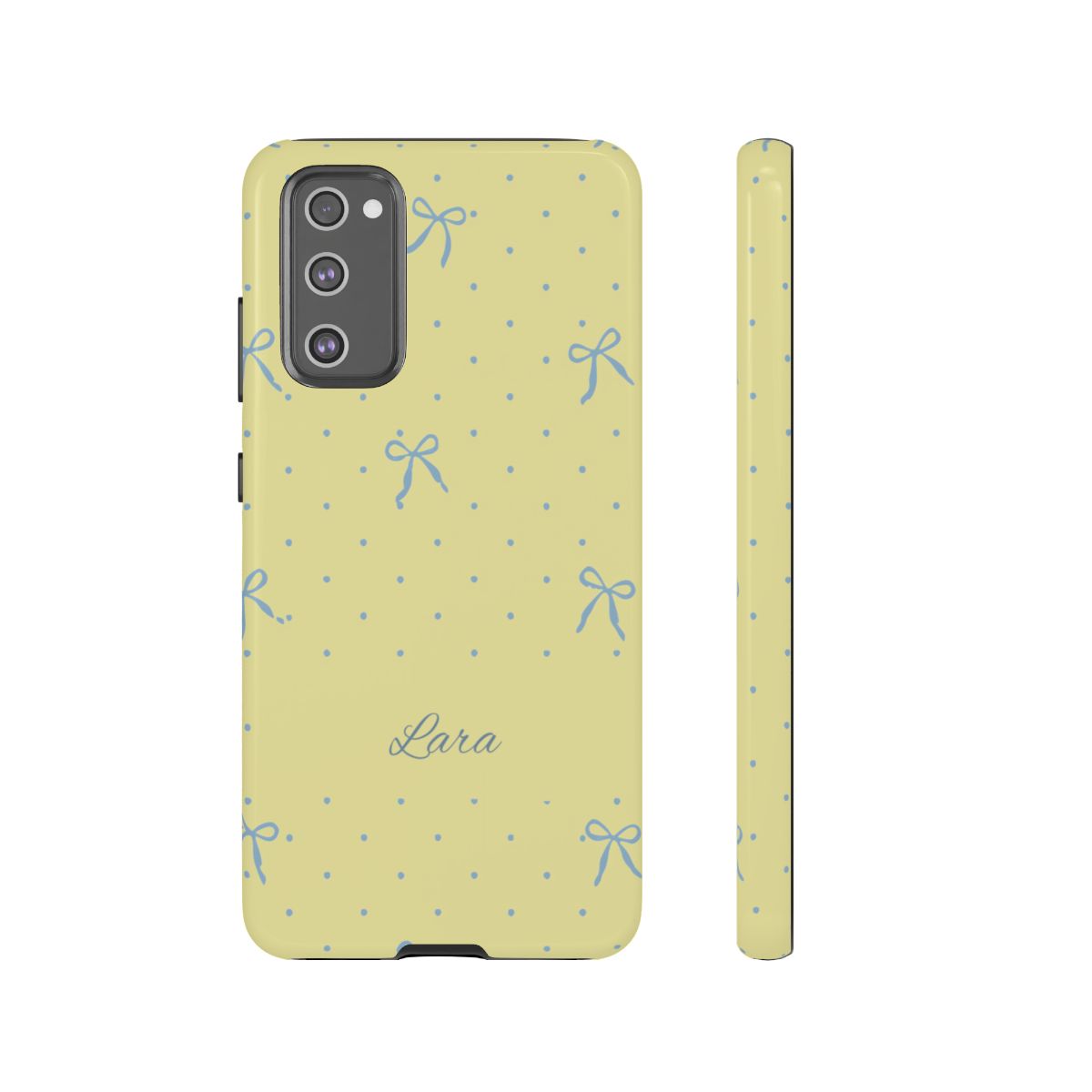 Personalized Yellow Bow Phone Case – Custom Name Blue Polka Dot Aesthetic