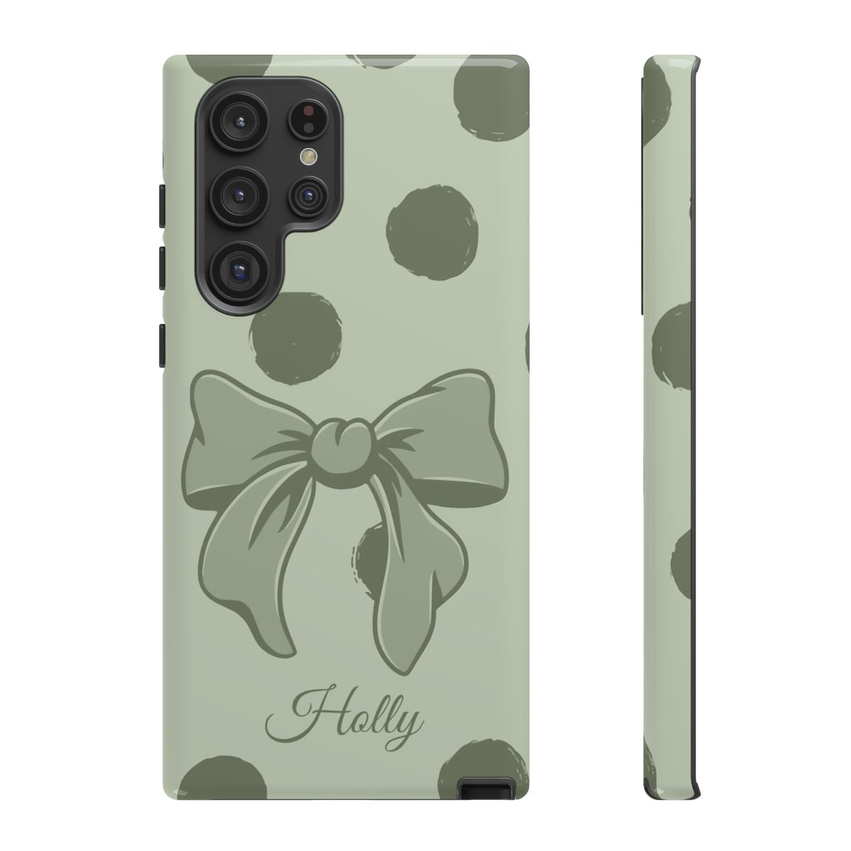 Personalized Sage Green Polka Dot Bow Phone Case – Custom Name Coquette Aesthetic