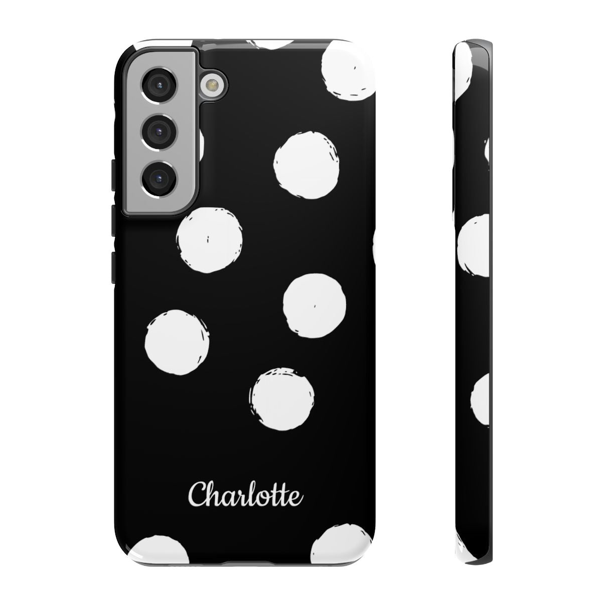 Personalized Black Polka Dot Phone Case – Custom Name Bold Monochrome Aesthetic