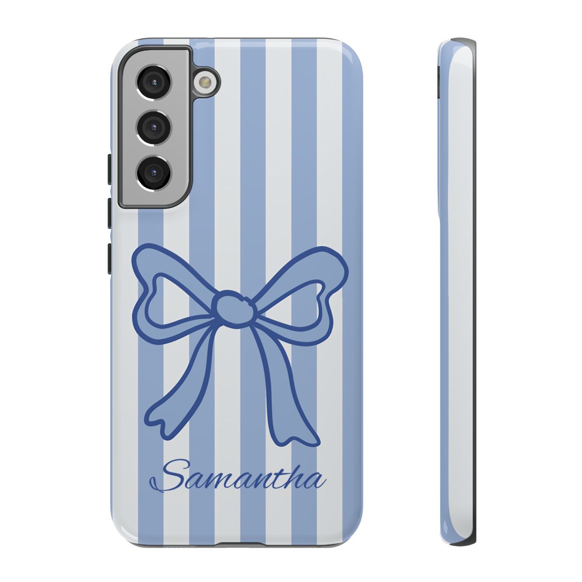 Personalized Coquette Bow Phone Case – Blue Striped Preppy Ribbon Aesthetic