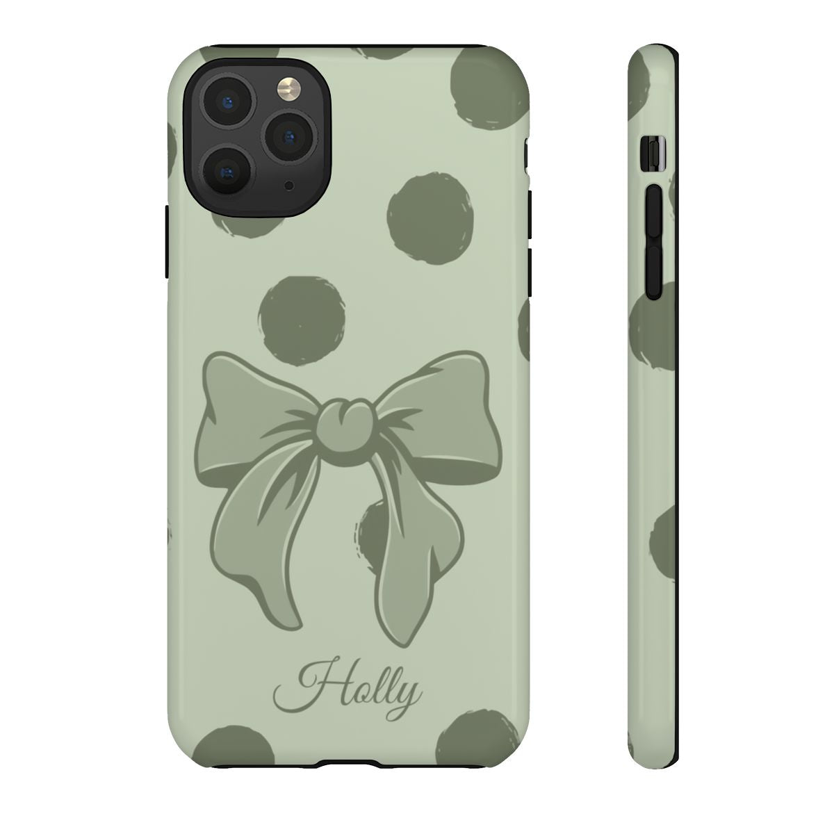 Personalized Sage Green Polka Dot Bow Phone Case – Custom Name Coquette Aesthetic