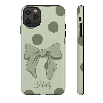 Personalized Sage Green Polka Dot Bow Phone Case – Custom Name Coquette Aesthetic