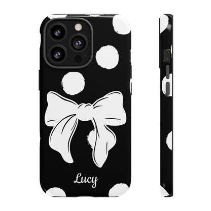 Personalized Black Polka Dot Bow Phone Case – Custom Name Coquette Retro Aesthetic