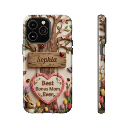 Personalized Bonus Mom Phone Case – Custom Name Clay Spring Garden Aesthetic