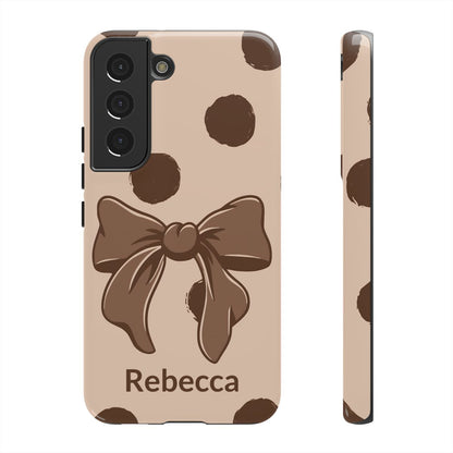 Personalized Brown Polka Dot Bow Phone Case – Custom Name Coquette Retro Aesthetic