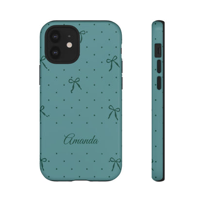 Personalized Teal Bow Phone Case – Custom Name Coquette Polka Dot Aesthetic