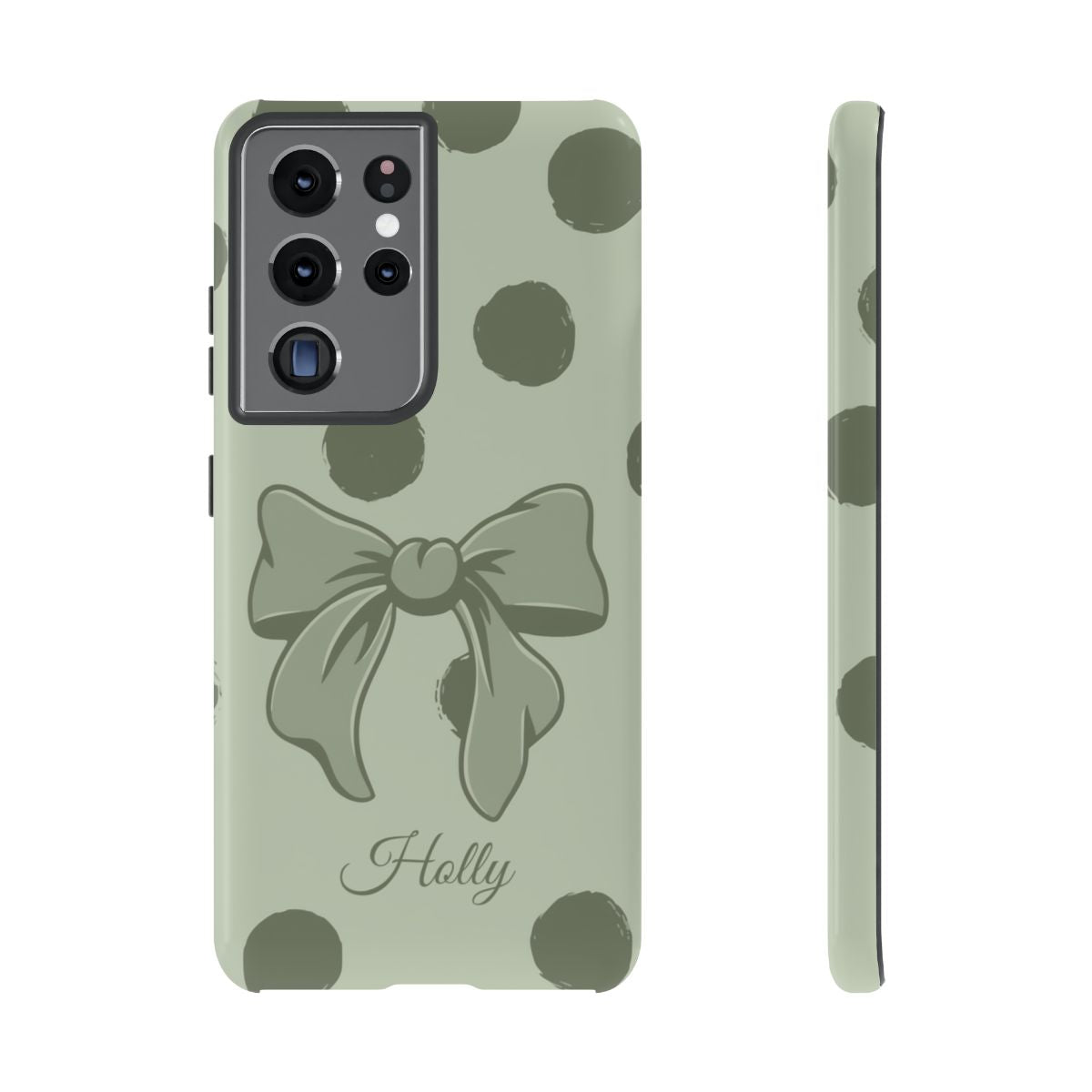 Personalized Sage Green Polka Dot Bow Phone Case – Custom Name Coquette Aesthetic