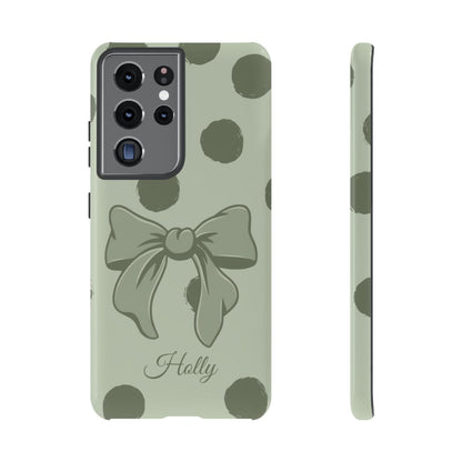 Personalized Sage Green Polka Dot Bow Phone Case – Custom Name Coquette Aesthetic