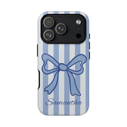 Personalized Coquette Bow Phone Case – Blue Striped Preppy Ribbon Aesthetic