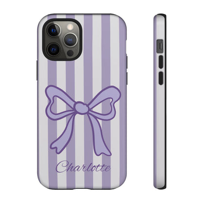 Personalized Lavender Bow Phone Case – Purple Striped Coquette Ribbon Aesthetic