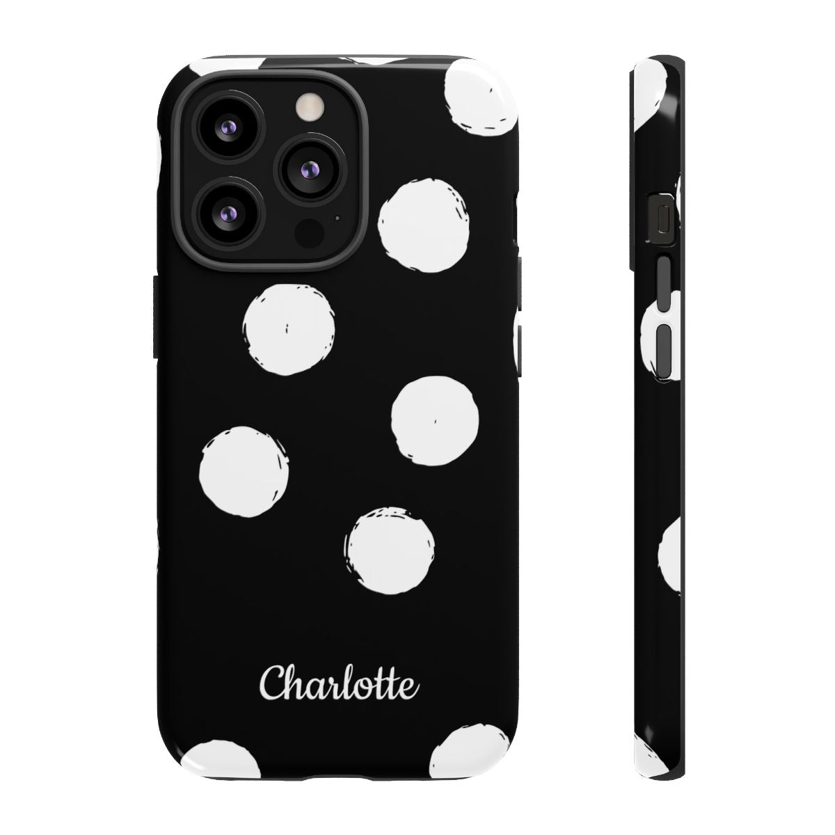 Personalized Black Polka Dot Phone Case – Custom Name Bold Monochrome Aesthetic