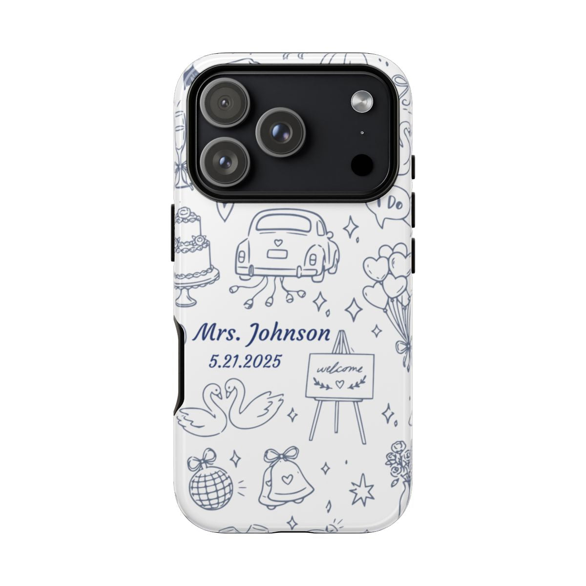Navy blue personalized wedding phone case with bridal doodle illustrations customized with name