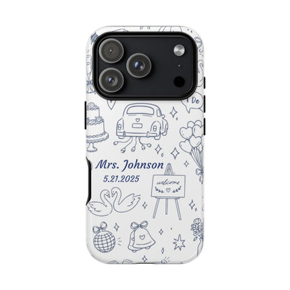 Navy blue personalized wedding phone case with bridal doodle illustrations customized with name