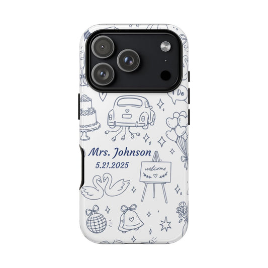 Navy blue personalized wedding phone case with bridal doodle illustrations customized with name
