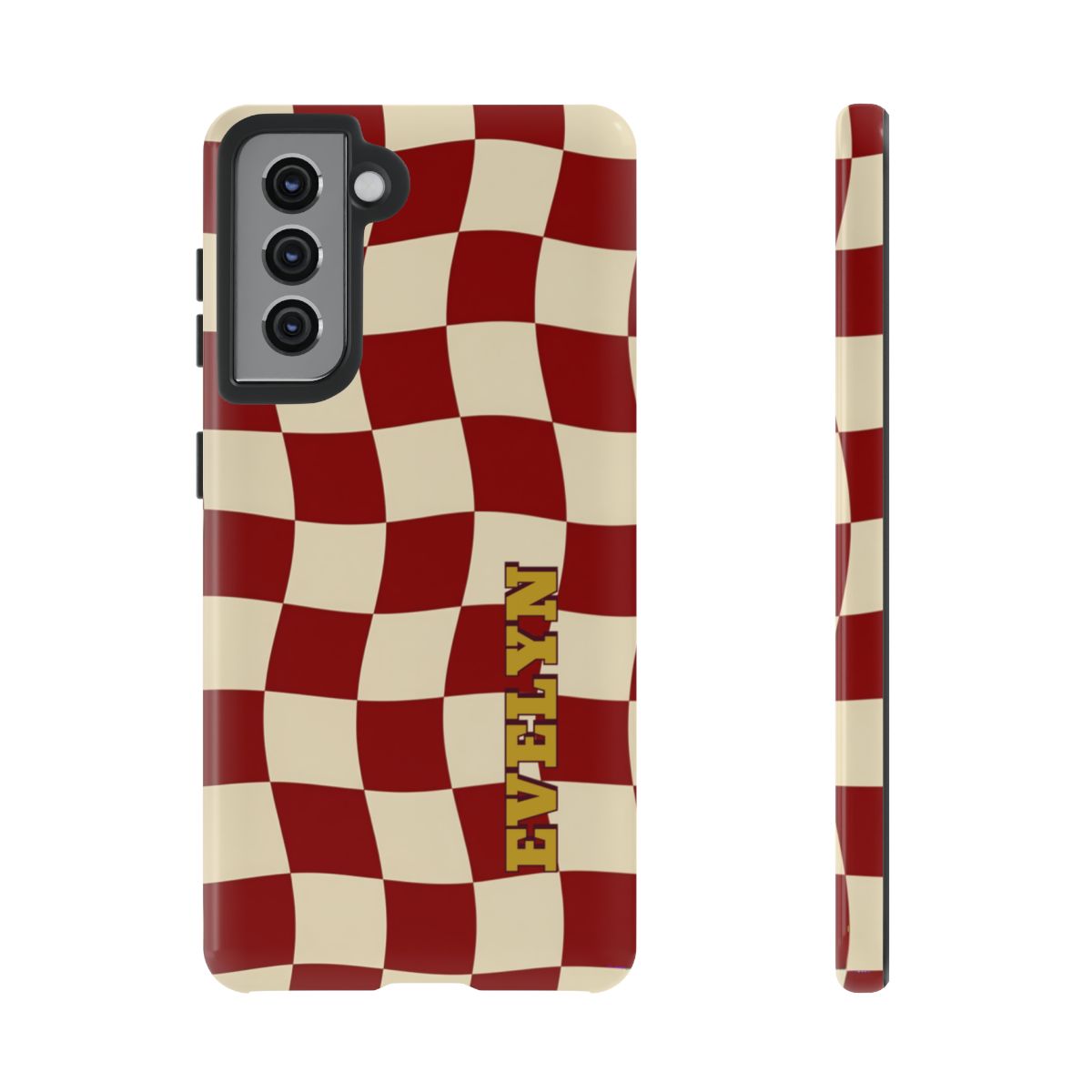 Personalized Burgundy Checkered Phone Case – Custom Name Wavy Retro Aesthetic