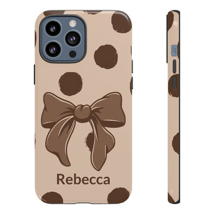 Personalized Brown Polka Dot Bow Phone Case – Custom Name Coquette Retro Aesthetic