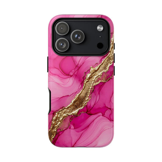 A protective phone case featuring a vibrant pink and magenta marble pattern with a prominent metallic gold vein running diagonally across the center, shown on a plain white background.