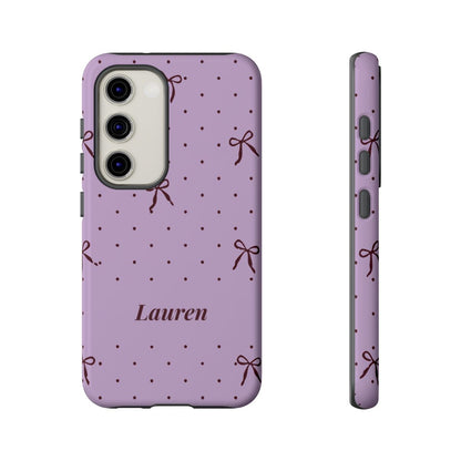 Personalized Lavender Bow Phone Case – Custom Name Polka Dot Coquette Aesthetic