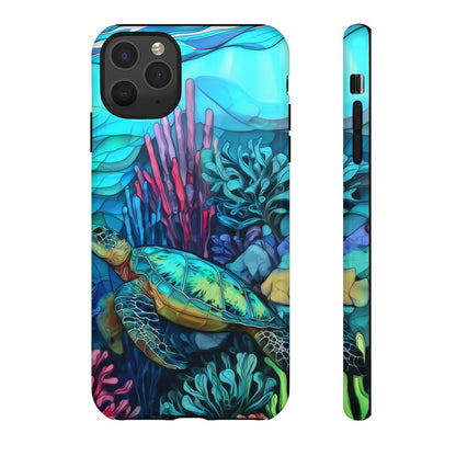 Stained Glass Turtle Phone Case – Coastal Blue Ocean Mosaic Aesthetic