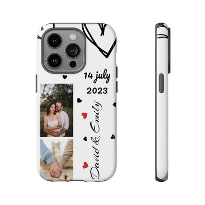 Phone case with a couple's photo, date, and names on a white background
