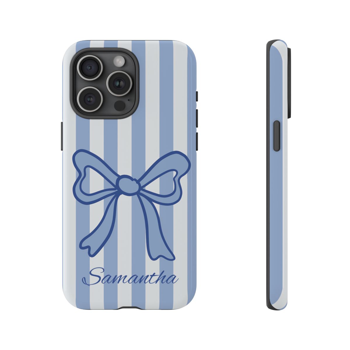Personalized Coquette Bow Phone Case – Blue Striped Preppy Ribbon Aesthetic