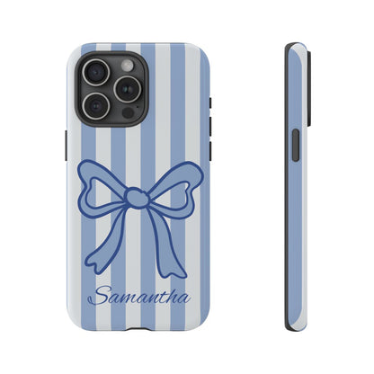 Personalized Coquette Bow Phone Case – Blue Striped Preppy Ribbon Aesthetic