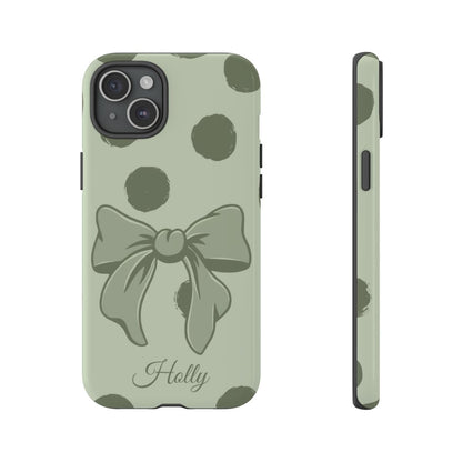 Personalized Sage Green Polka Dot Bow Phone Case – Custom Name Coquette Aesthetic