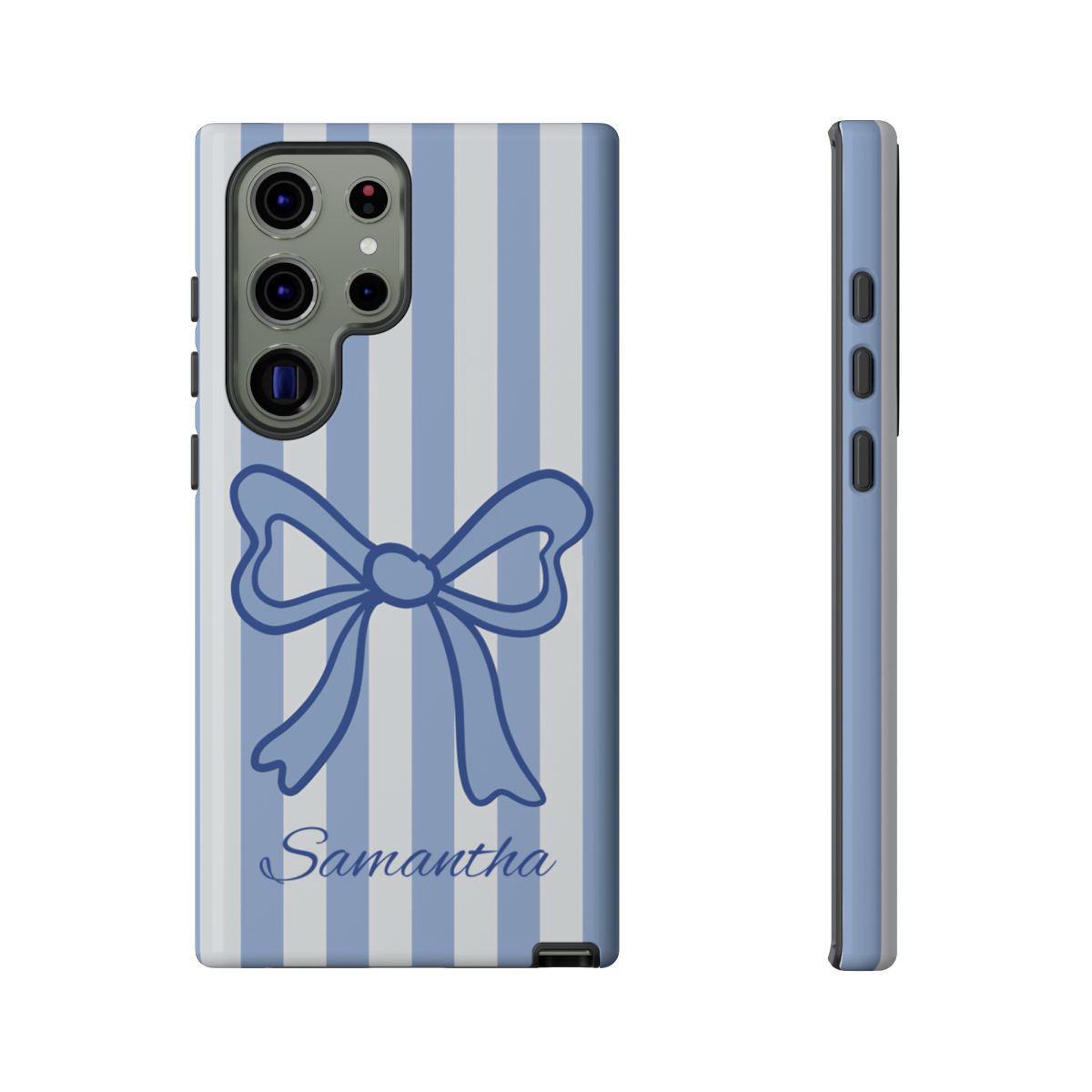 Personalized Coquette Bow Phone Case – Blue Striped Preppy Ribbon Aesthetic