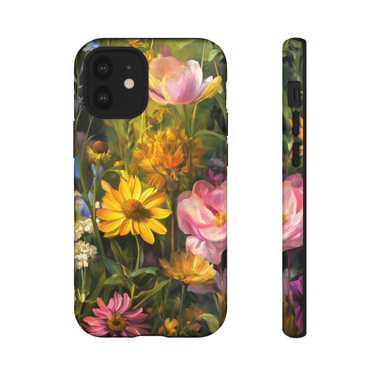 A decorative smartphone case with a vintage-inspired wildflower meadow print. The artwork includes sun-drenched yellow petals, soft pink flowers, and dark green foliage in a thick, textured brushstroke style.