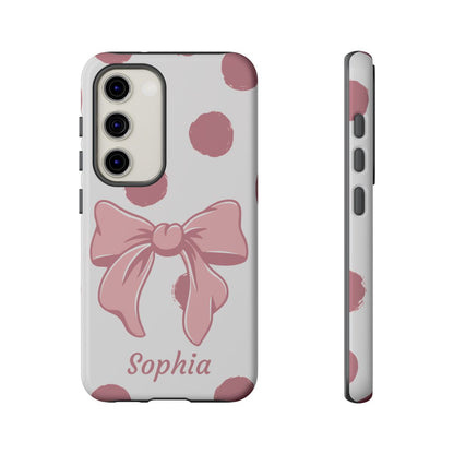 Personalized Pink Polka Dot Bow Phone Case – Custom Name Coquette Aesthetic