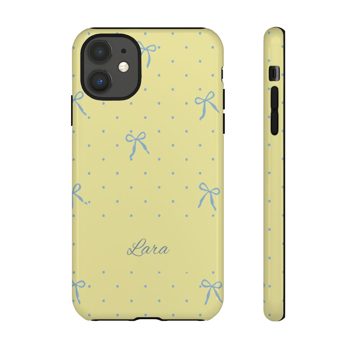 Personalized Yellow Bow Phone Case – Custom Name Blue Polka Dot Aesthetic